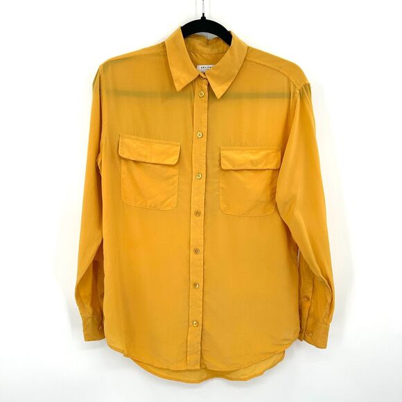 EQUIPMENT Femme Yellow Marigold Silk Long Sleeve Oversized Button Up Shirt XS - Picture 2 of 8